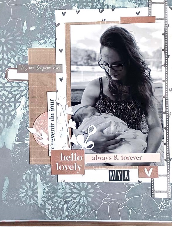 page de scrapbooking dans les tons de gris réalisée par Kris pour éphéméria