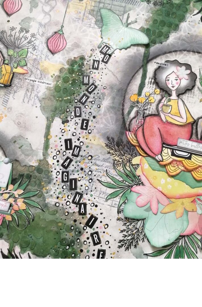 tableau mix média gris et vert avec une jeune femme et un oiseau