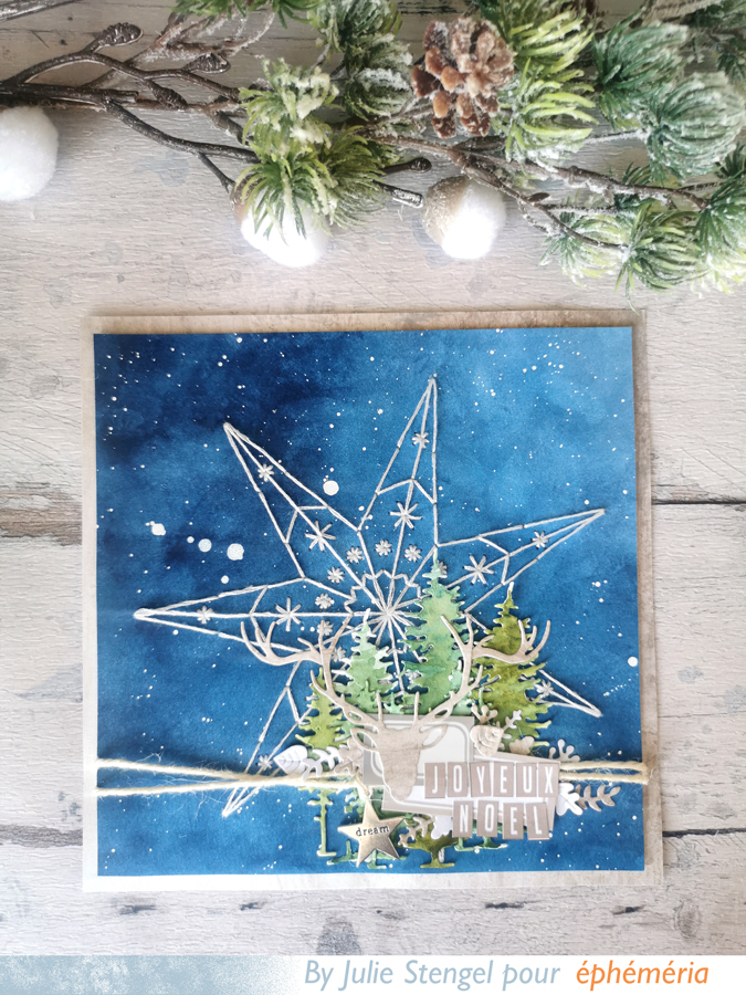 carte de Noël en scrapbooking avec un fond bleu et une étoile brodée