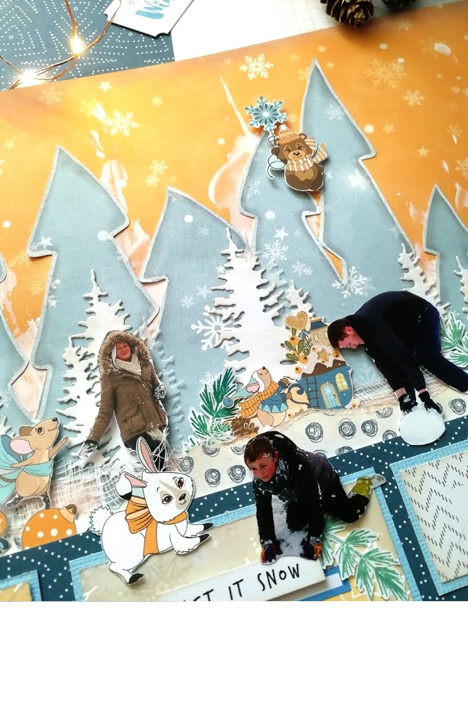 Page de scrapbooking sur le thème de l'hiver avec des photos d'enfants détourées et des petits animaux, aux tons de jaune et bleu.