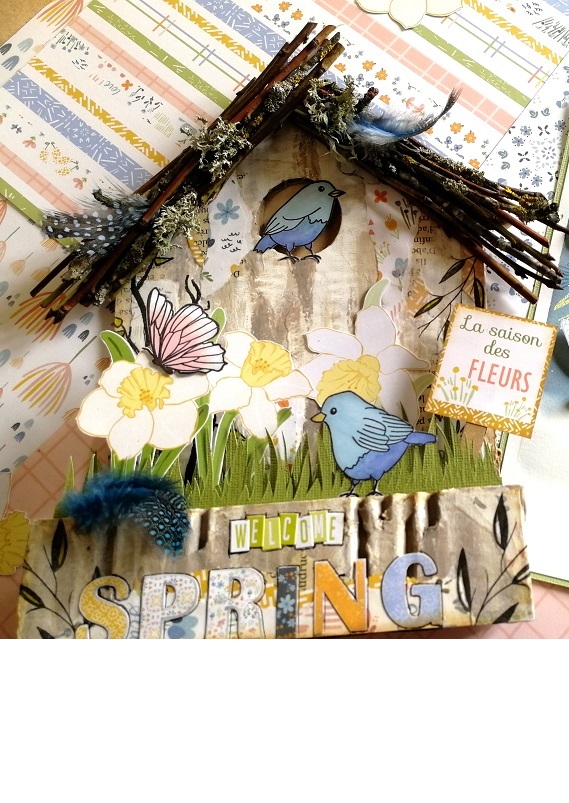 home deco en scrapbooking en forme de nichoir avec sa carte associée, sur le thème du printemps.