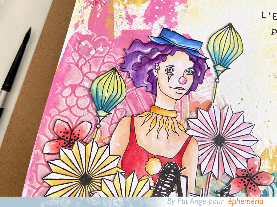 Page d'art journal multicolore avec une femme clown au centre